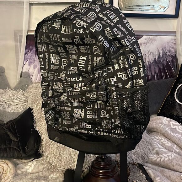 NWT VS PINK black shine all over mixed logo classic backpack - Picture 3 of 6
